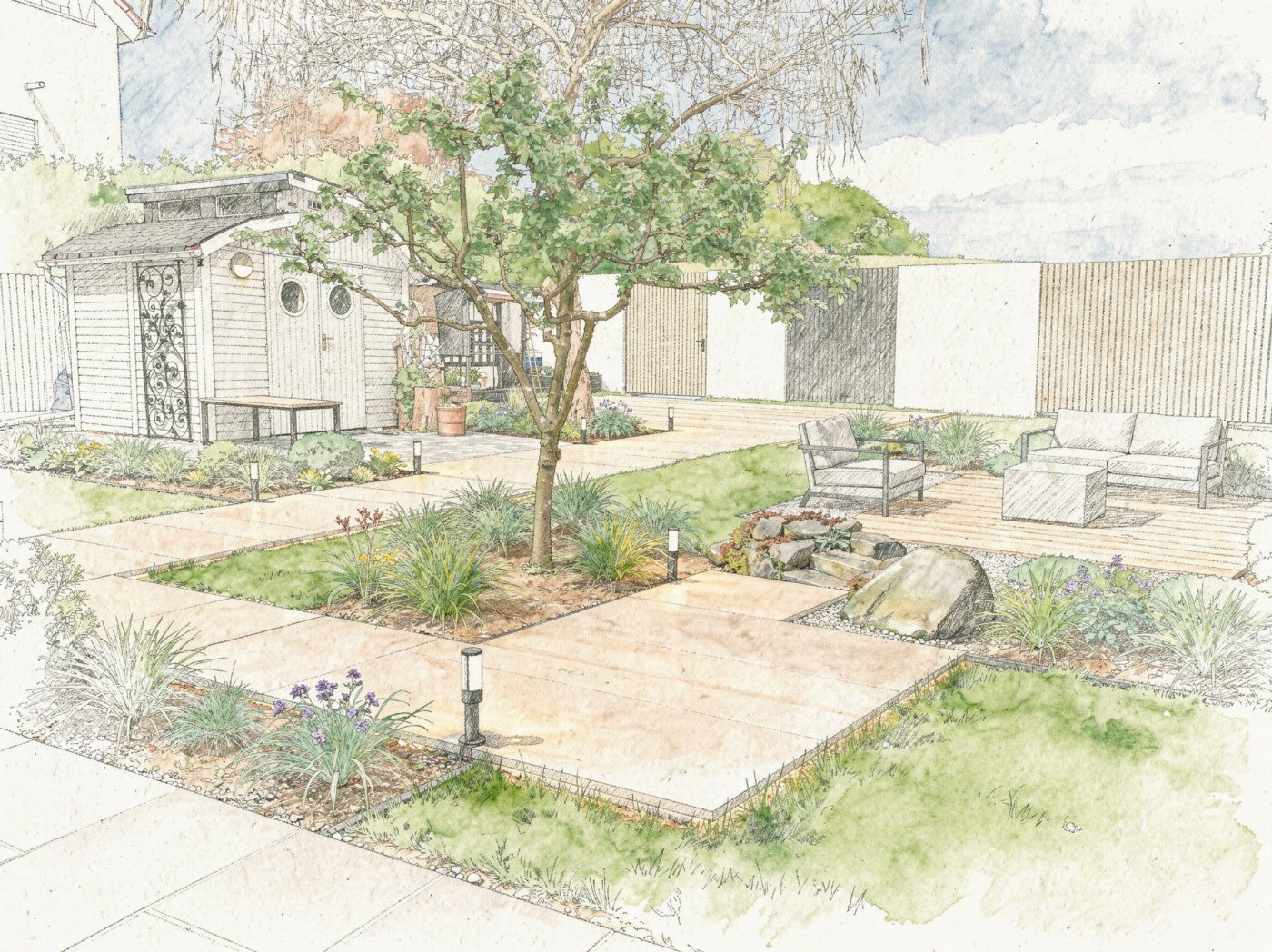 Planskizze Bleistift und Aquarell – handgezeichnete Gartenskizze des Beispielgartens