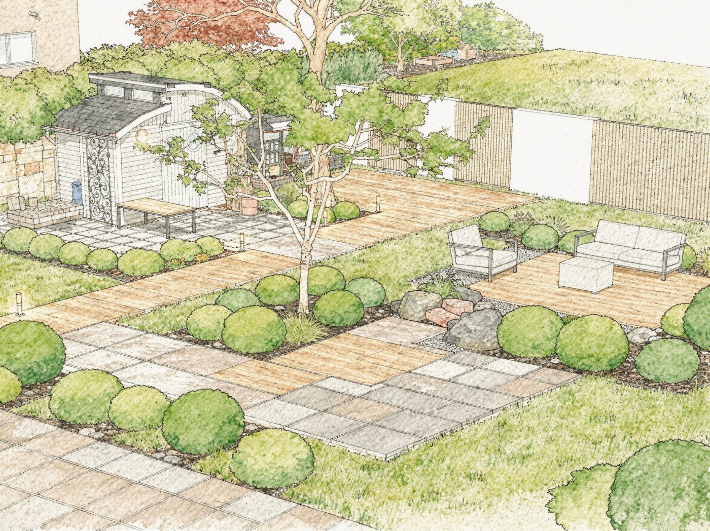 Planskizze isometrische 3D-Perspektive – Beispielgarten von schräg oben