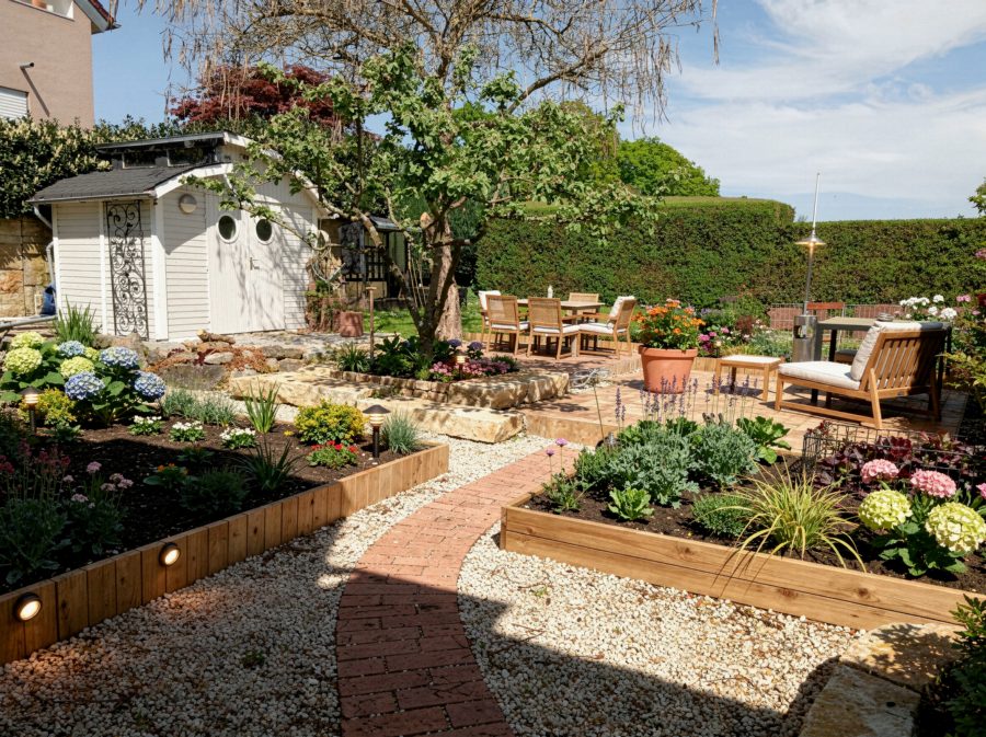 Gartenstil Landhausgarten – Bauerngarten-Beete, Hortensien, Holzzaun